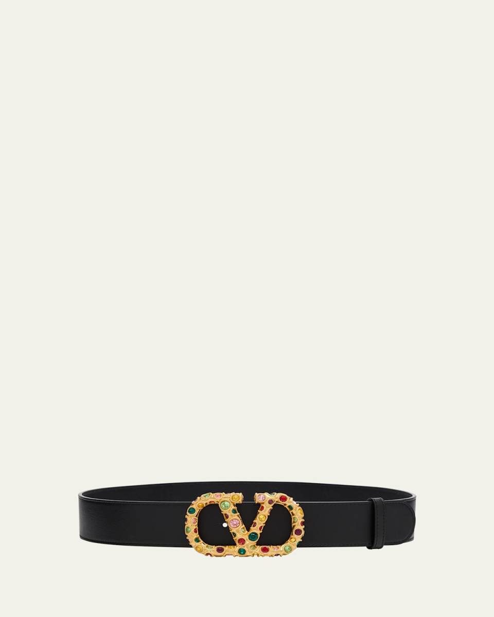 V-Logo Signature Embellished Leather Belt
